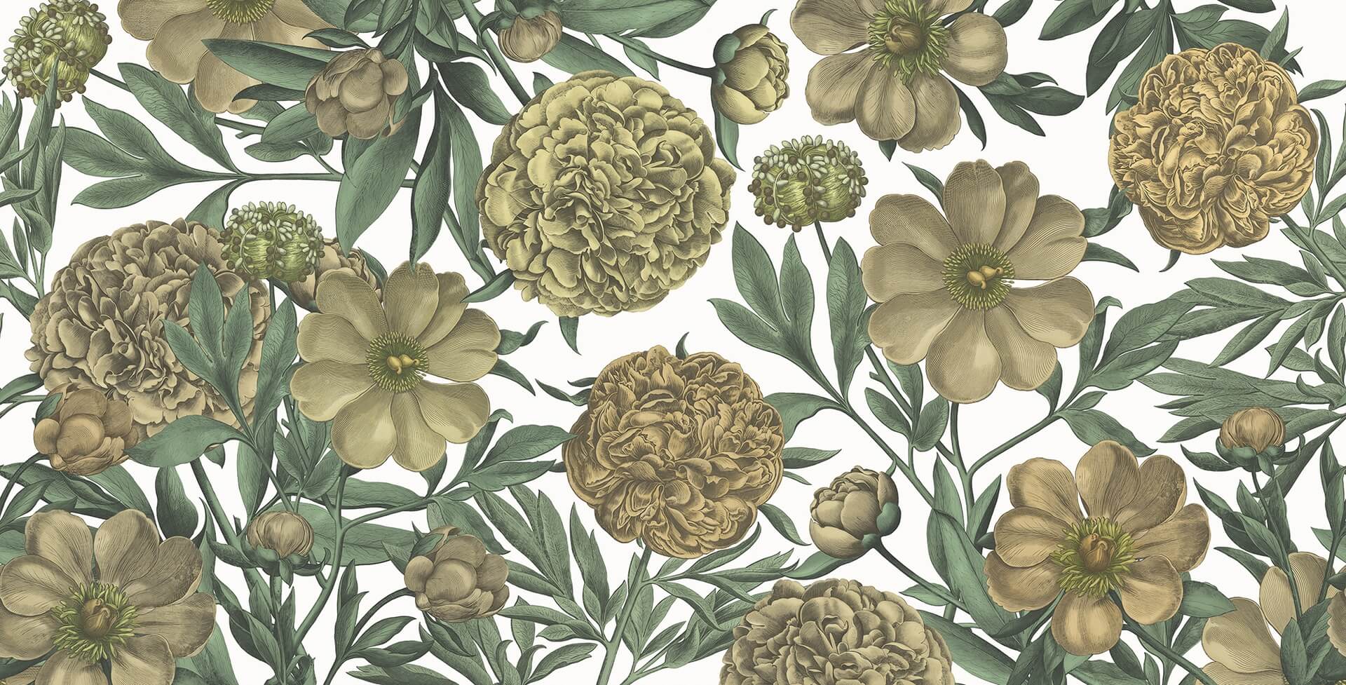 Fototapeta kwiaty piwonie vintage Rebel Walls R18720 Peony Delight Saffron Cottage Core