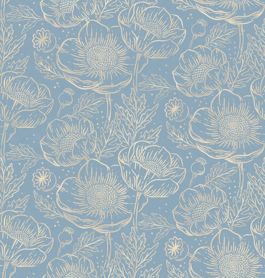 Fototapeta kwiaty maku Rebel Walls R18724 Golden Poppy Baby Blue Cottage Core