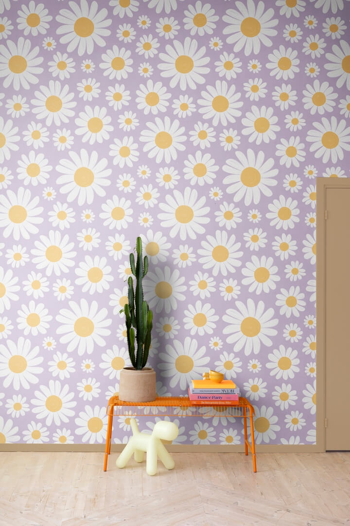 Fototapeta stokrotki retro Rebel Walls R19582 Dashing Daisies Lilac Cottage Core