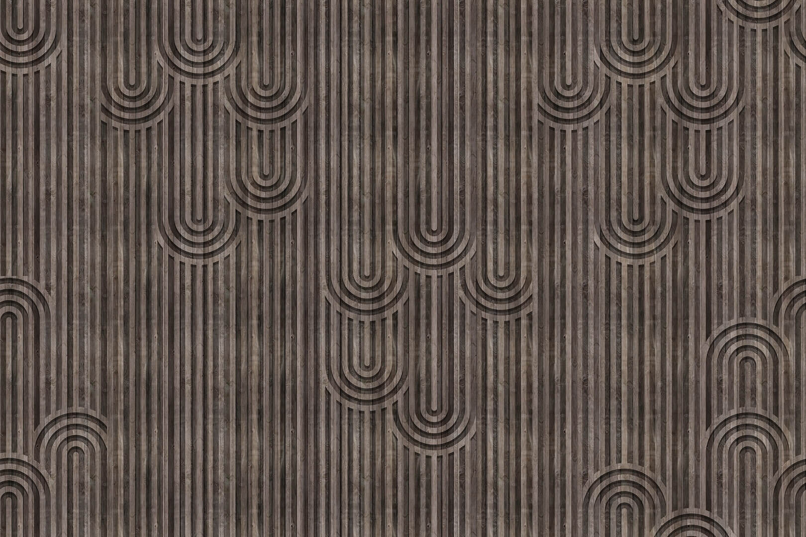 Fototapeta jak drewniane panele z łukami Rebel Walls R18781 Happy Hills Walnut Natural Aesthetics