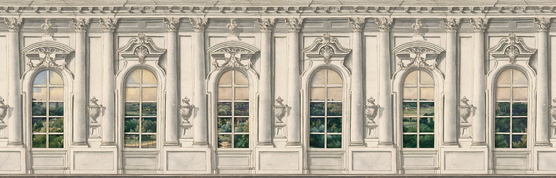 Fototapeta krajobraz w stylu vintage Rebel Walls R18806 Ballroom Windows Vintage Scenic Landscapes