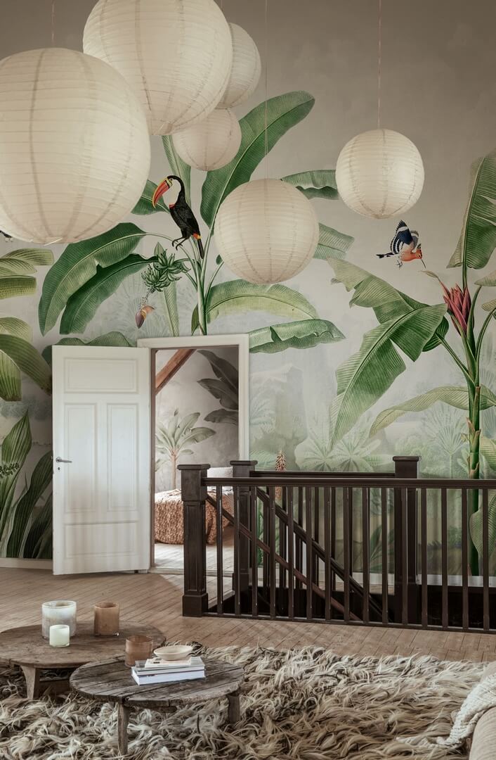 Fototapeta bananowce i egzotyczne ptaki Rebel Walls R18824 Tropical Palms Birds Scenic Landscapes