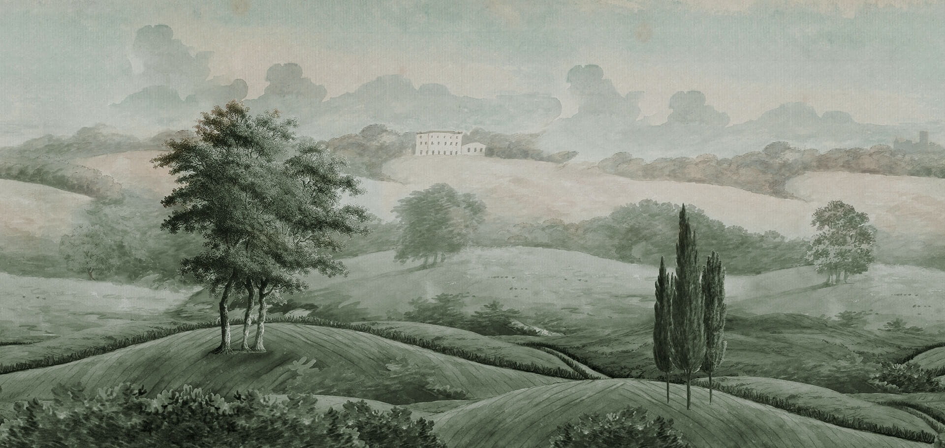 Fototapeta krajobraz wzgórz Rebel Walls R18842 Hilltop House Green Scenic Landscapes