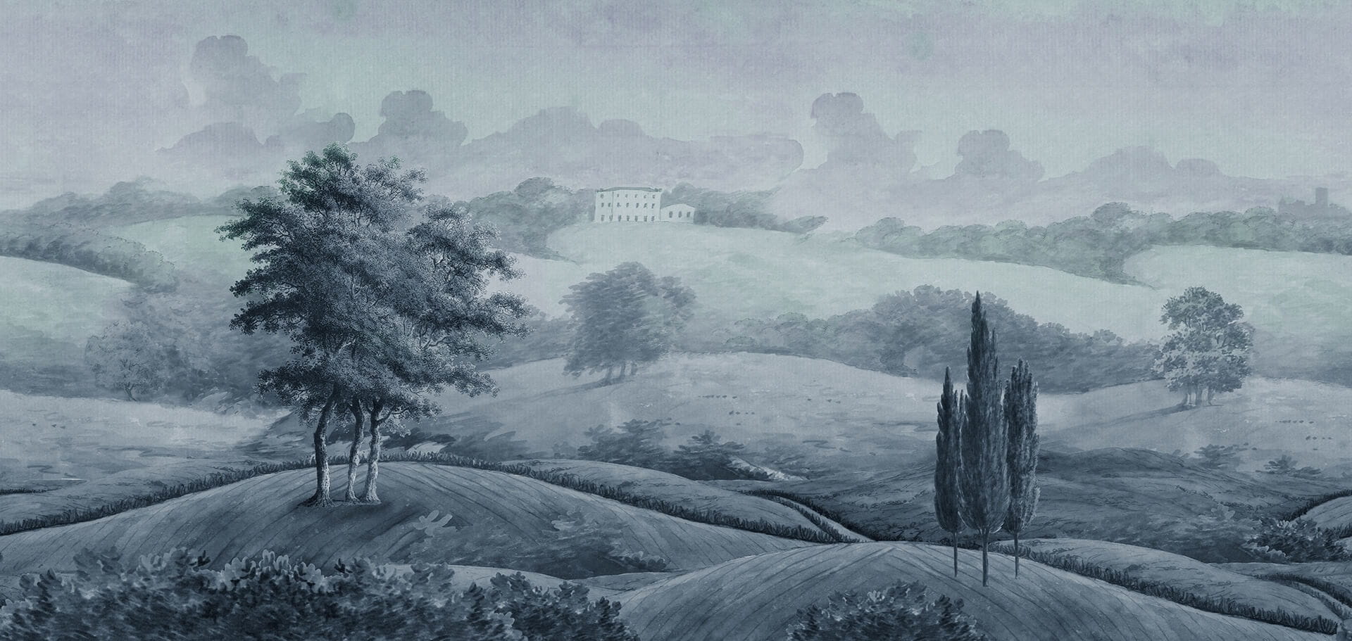 Fototapeta krajobraz wzgórz Rebel Walls R20066 Hilltop House Blue Scenic Landscapes