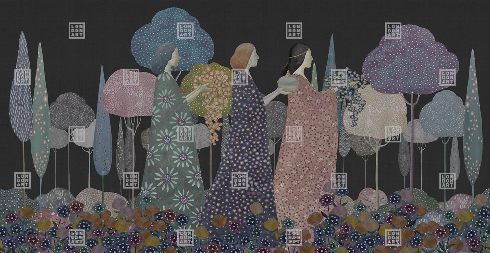 Fototapeta kolorowe drzewa i księżniczki London Art MUN09 C Les Princesses Tale Books: Les Mille et une Nuits
