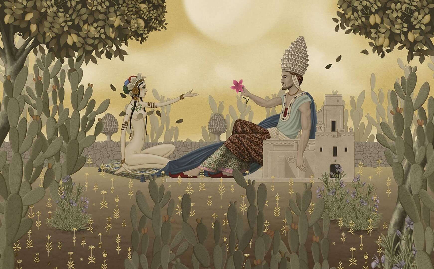 Fototapeta roślinna z kaktusami i zakochaną parą London Art MUN11 A L’amour Inconditionnel Tale Books: Les Mille et une Nuits
