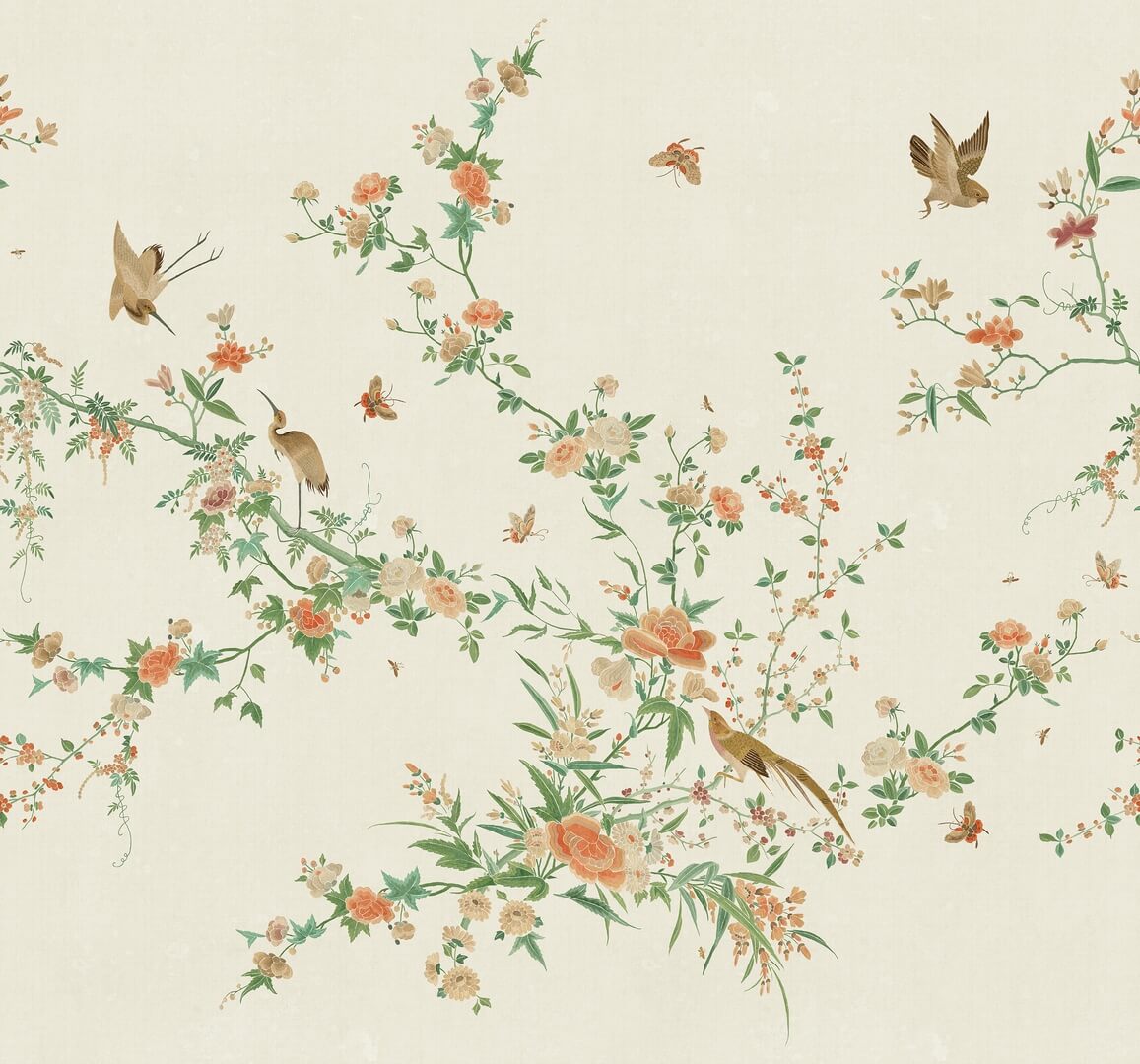 Fototapeta roślinne pnącza i ptaki Sandberg S10424 Bloom Spring Green Chinoiserie Garden