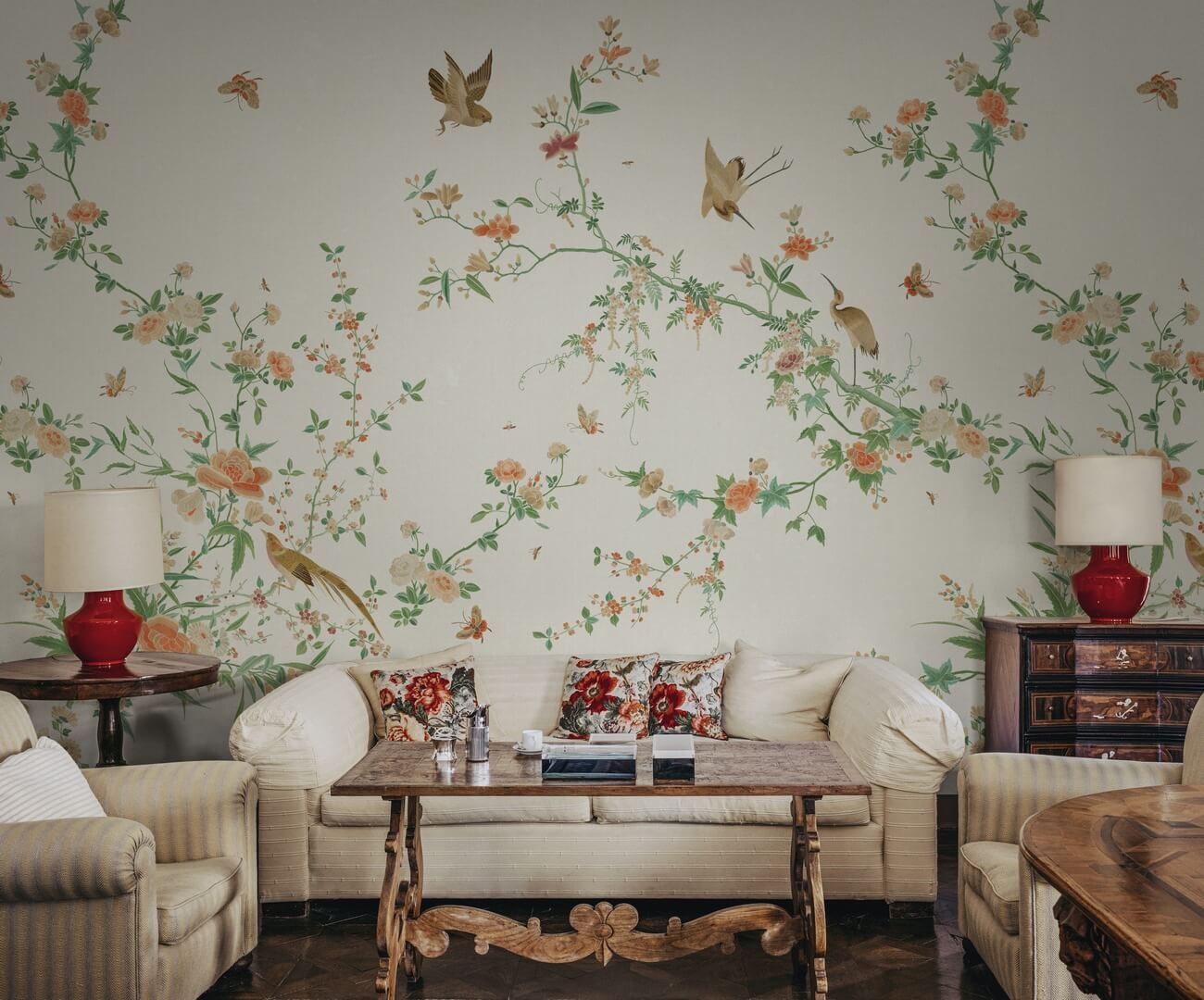 Fototapeta roślinne pnącza i ptaki Sandberg S10424 Bloom Spring Green Chinoiserie Garden