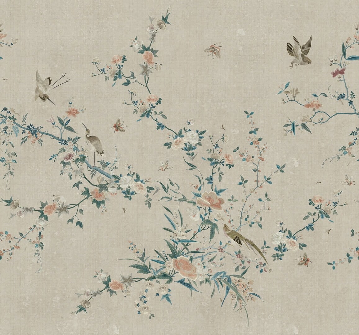 Fototapeta roślinne pnącza i ptaki Sandberg S10426 Bloom Gray Chinoiserie Garden