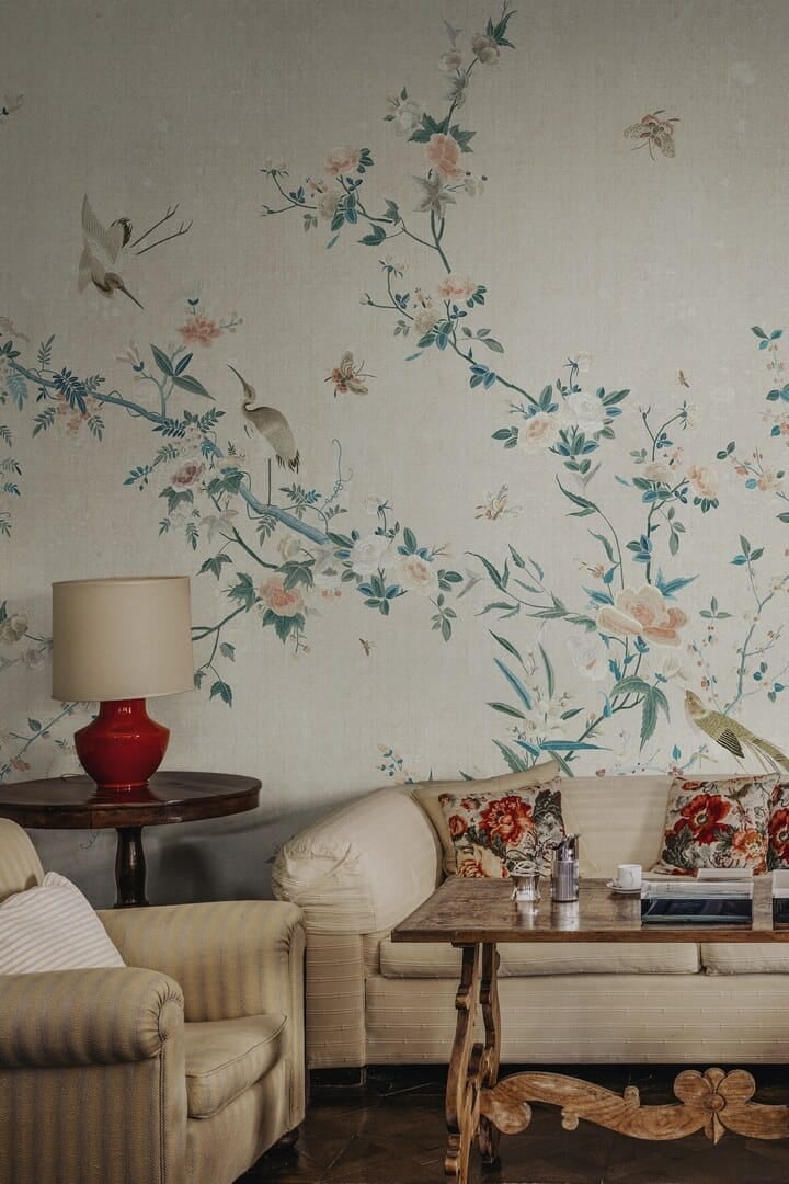 Fototapeta roślinne pnącza i ptaki Sandberg S10426 Bloom Gray Chinoiserie Garden