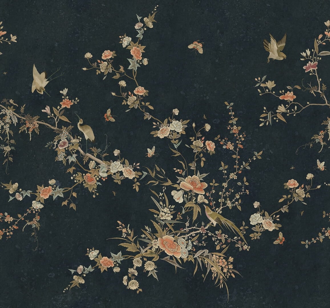 Fototapeta roślinne pnącza i ptaki Sandberg S10428 Bloom Midnight Blue Chinoiserie Garden