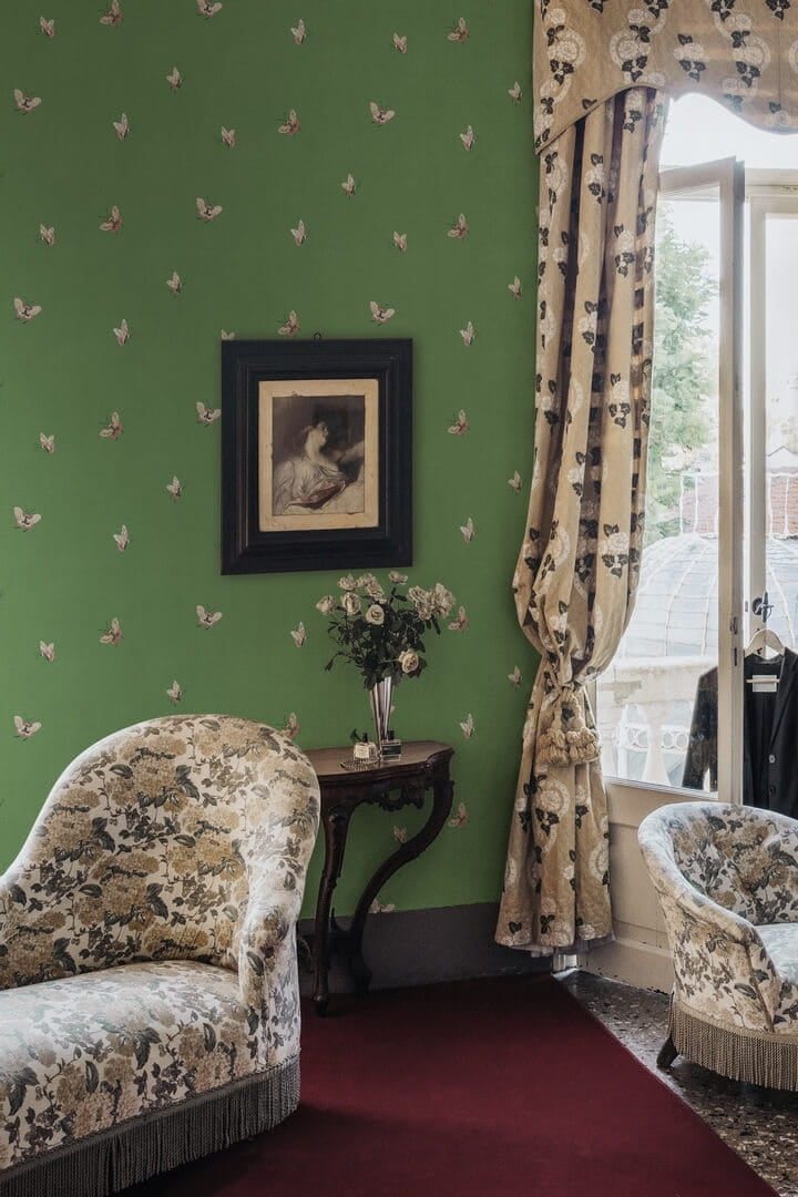 Tapeta motyle Sandberg S10449 Butterflies Green Chinoiserie Garden