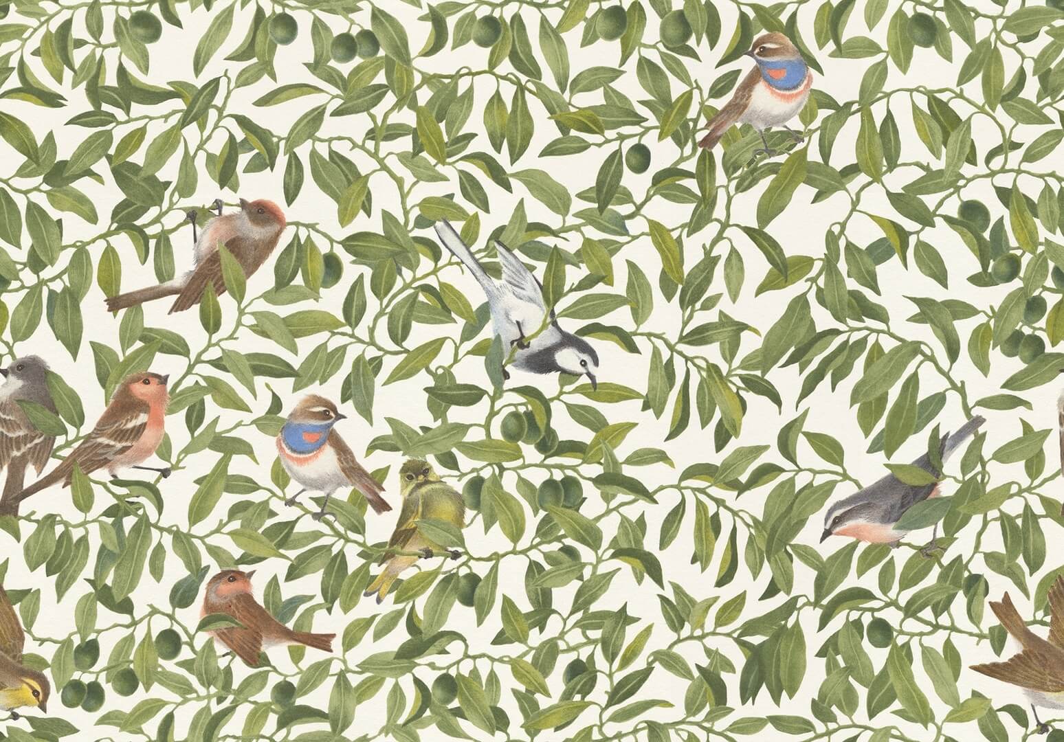 Fototapeta ptaki i liście Rebel Walls R19260 Backwood Birds White Ilon Wikland