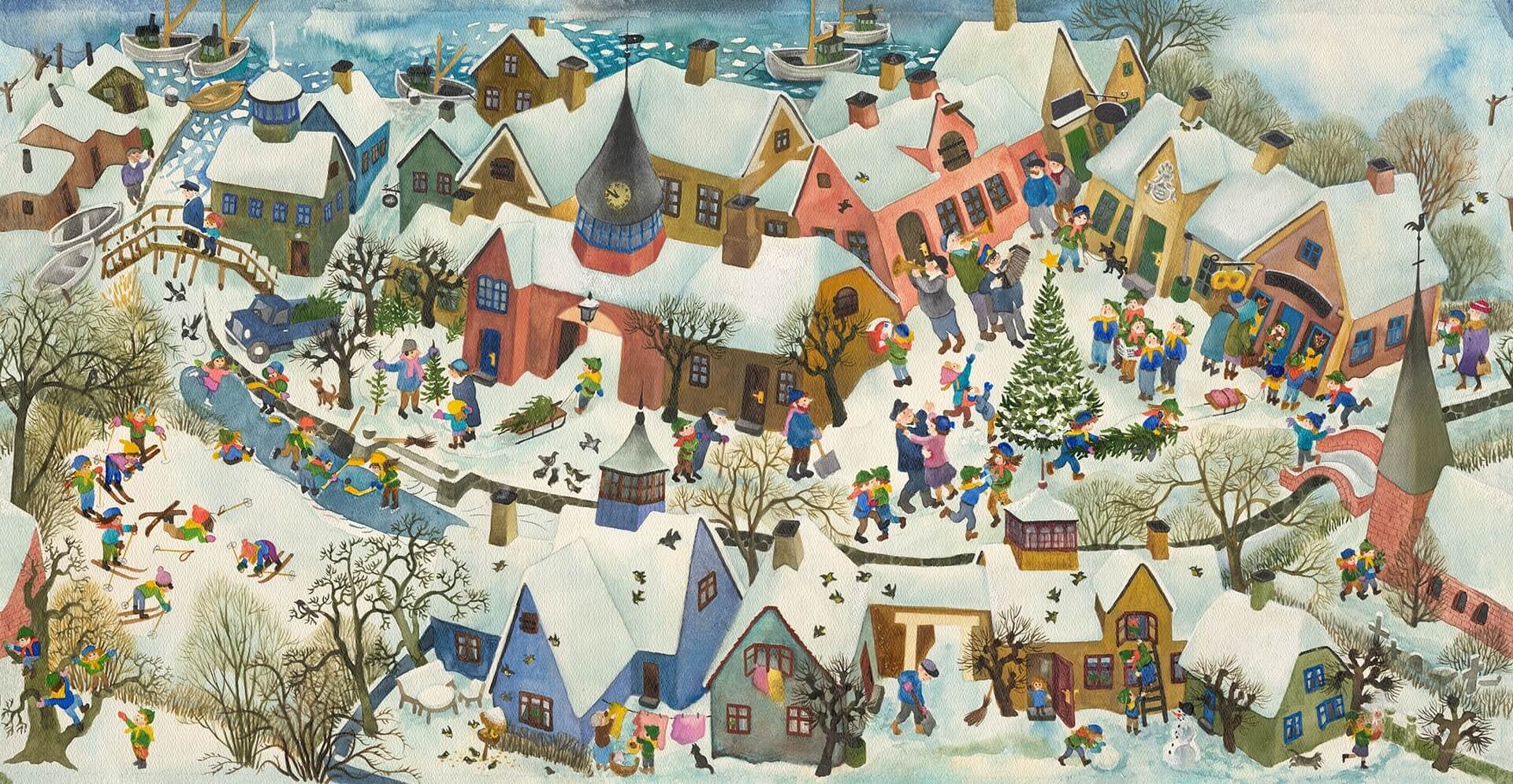 Fototapeta krajobraz miasteczka zimą Rebel Walls R19837 Friendly Town Winter Ilon Wikland