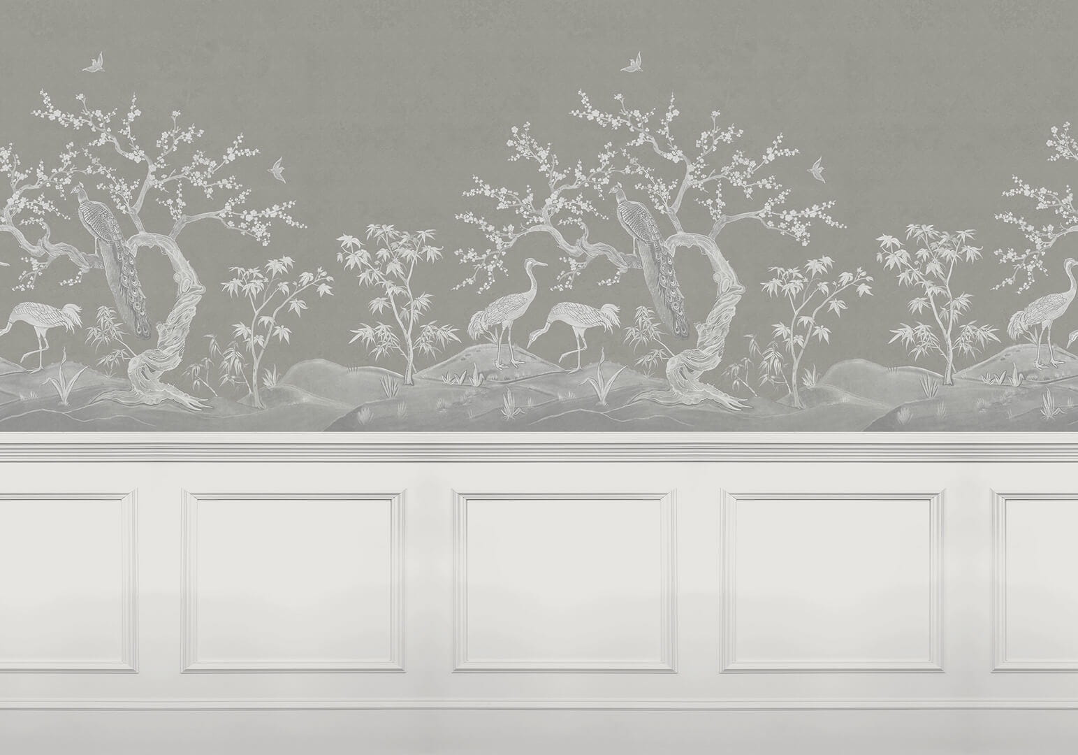 Fototapeta w stylu chinoiserie i boazerią angielską Rebel Walls R19745 Chinoiserie Blossom Panels Jack Kinsey