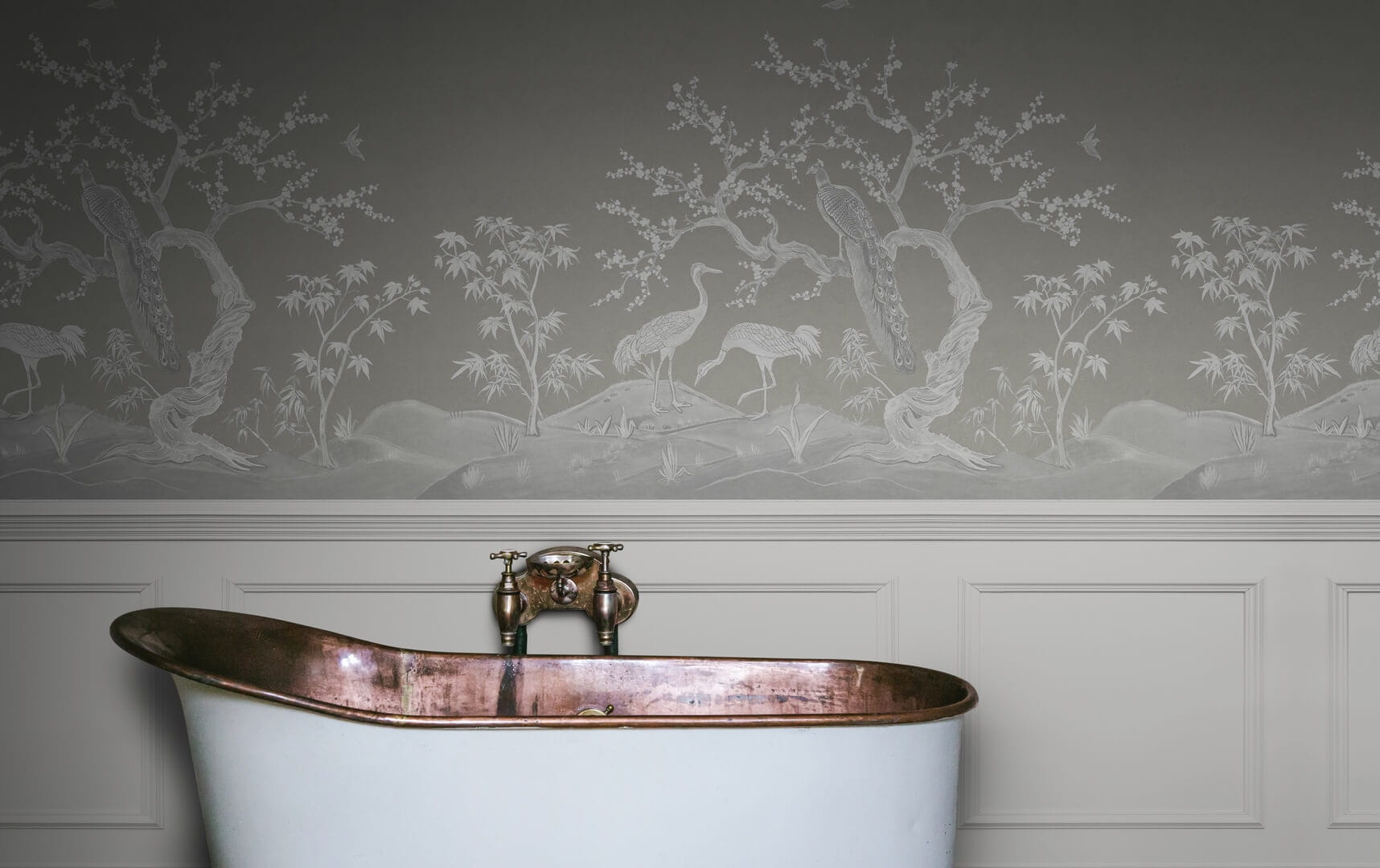 Fototapeta w stylu chinoiserie i boazerią angielską Rebel Walls R19745 Chinoiserie Blossom Panels Jack Kinsey