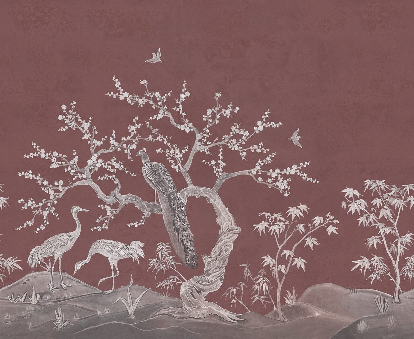 Fototapeta w stylu chinoiserie Rebel Walls R19746 Chinoiserie Blossom Raspberry Red Jack Kinsey