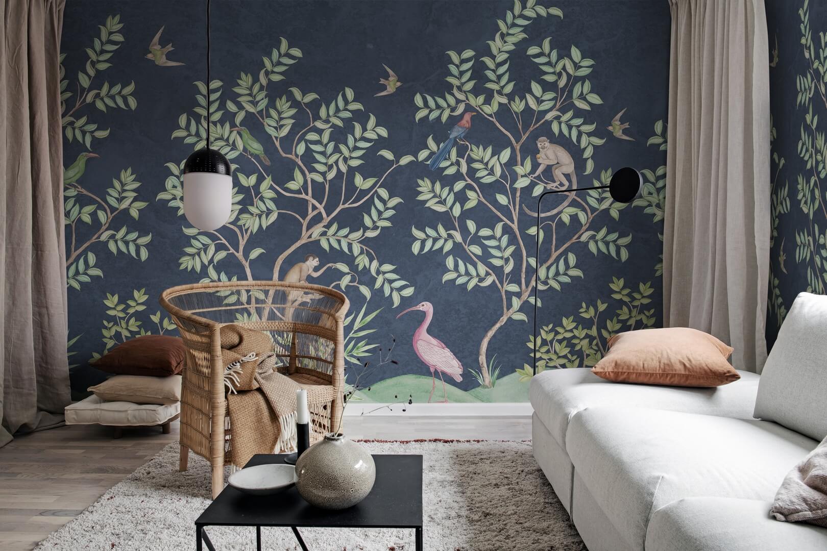 Fototapeta w stylu chinoiserie z małpami, ptakami i krzewami Rebel Walls R19757 Monkeys Paradise Dark Blue Jack Kinsey
