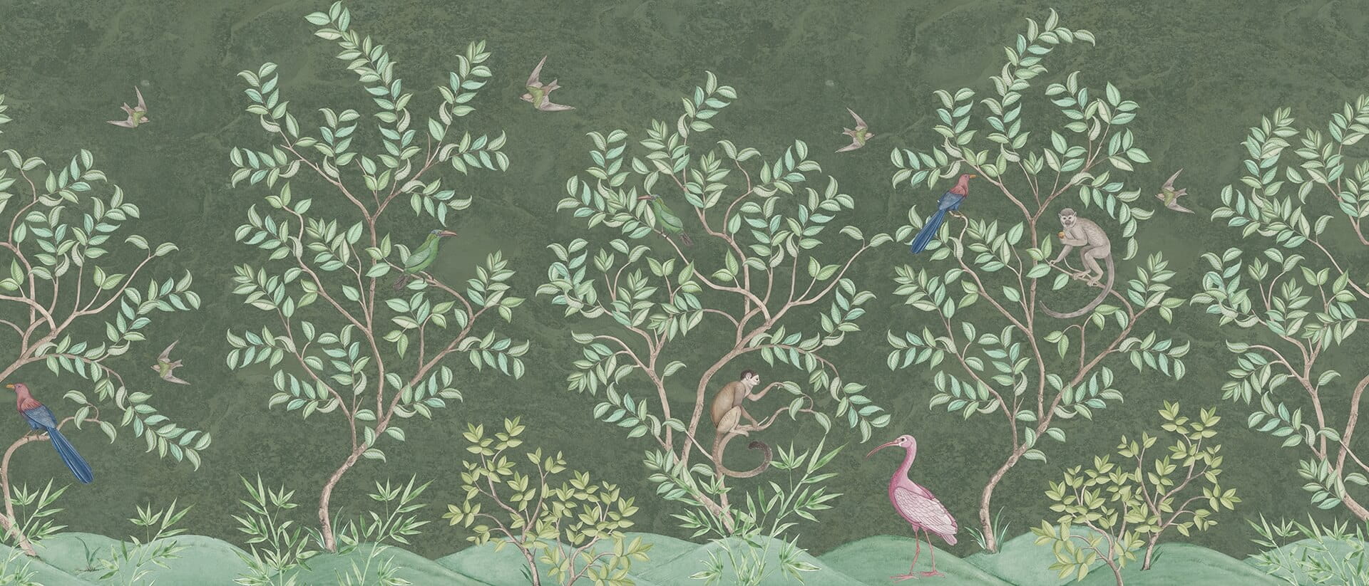 Fototapeta w stylu chinoiserie z małpami, ptakami i krzewami Rebel Walls R19758 Monkeys Paradise Sage Green Jack Kinsey