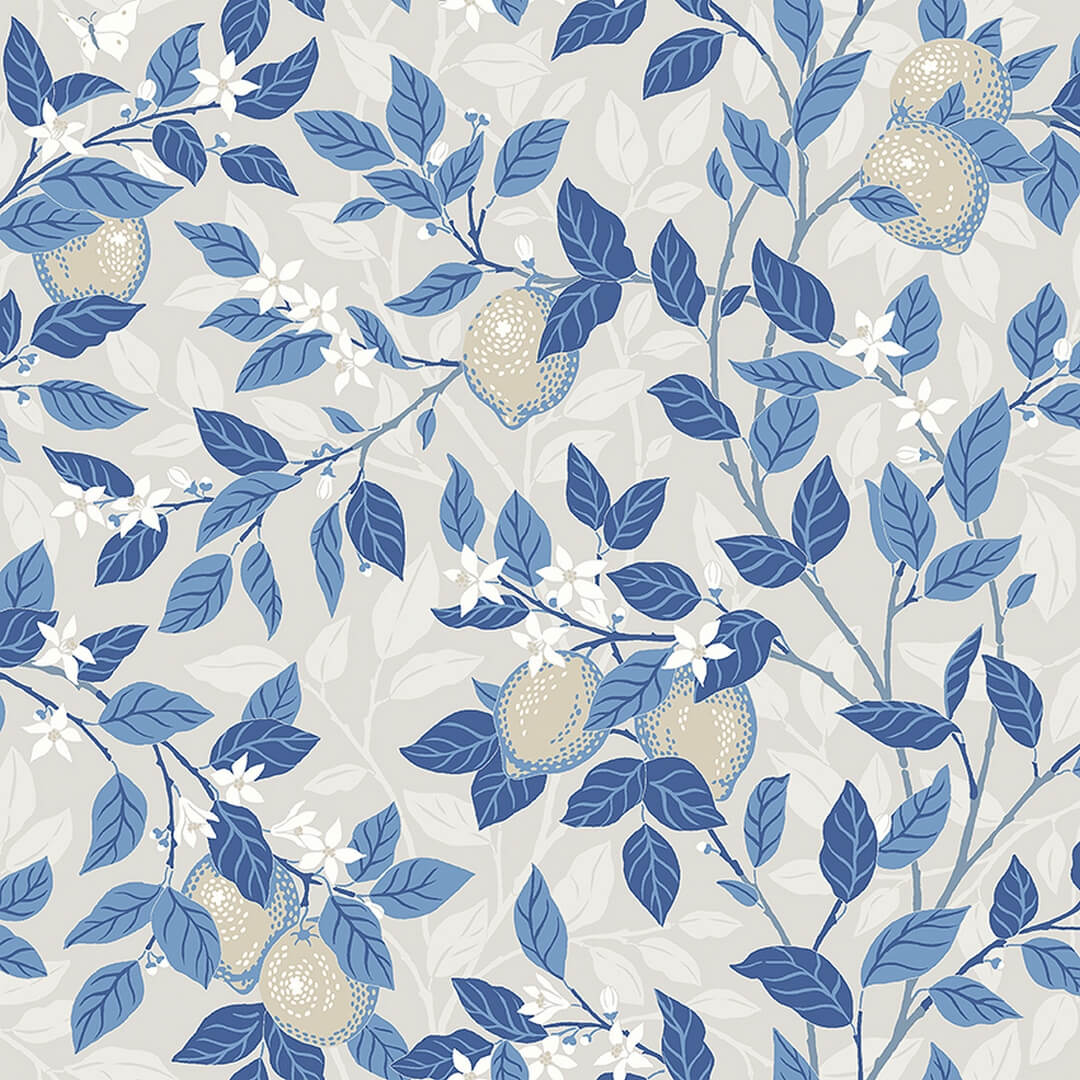 Tapeta cytryny i liście Boras Tapeter 6149 Citrontrad Blue & White