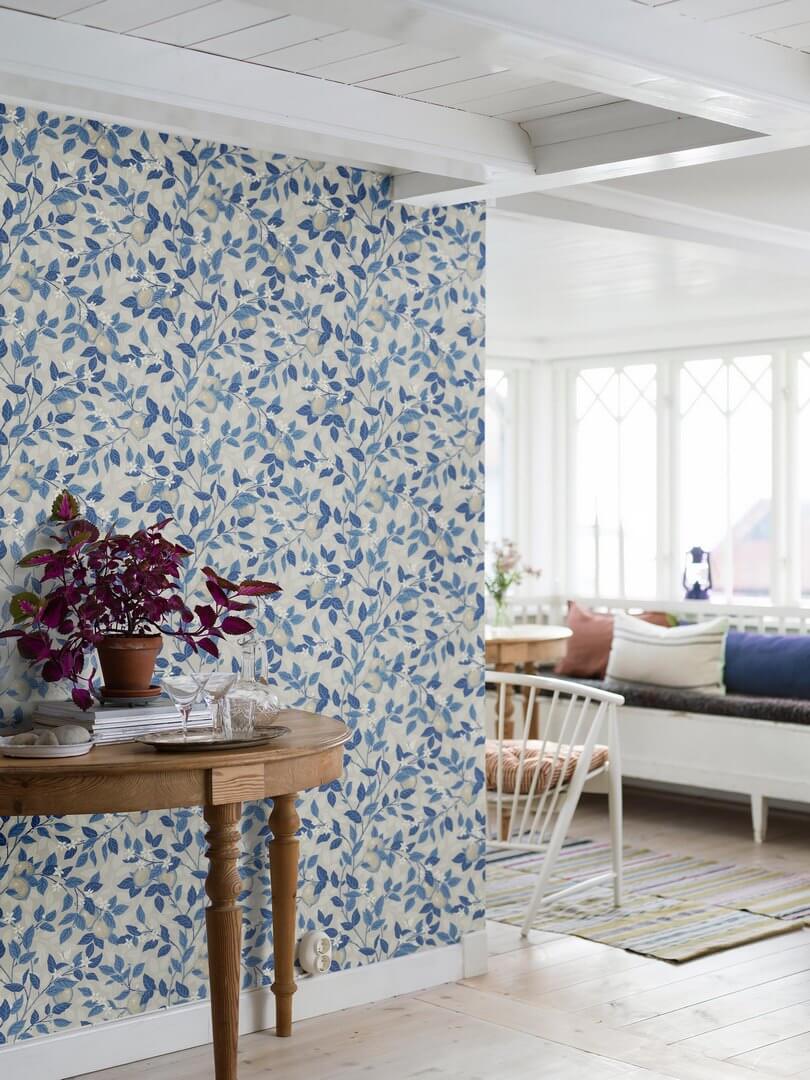 Tapeta cytryny i liście Boras Tapeter 6149 Citrontrad Blue & White
