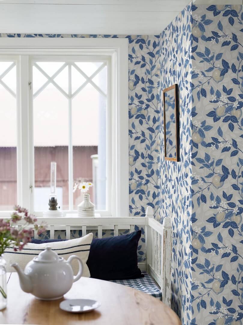 Tapeta cytryny i liście Boras Tapeter 6149 Citrontrad Blue & White