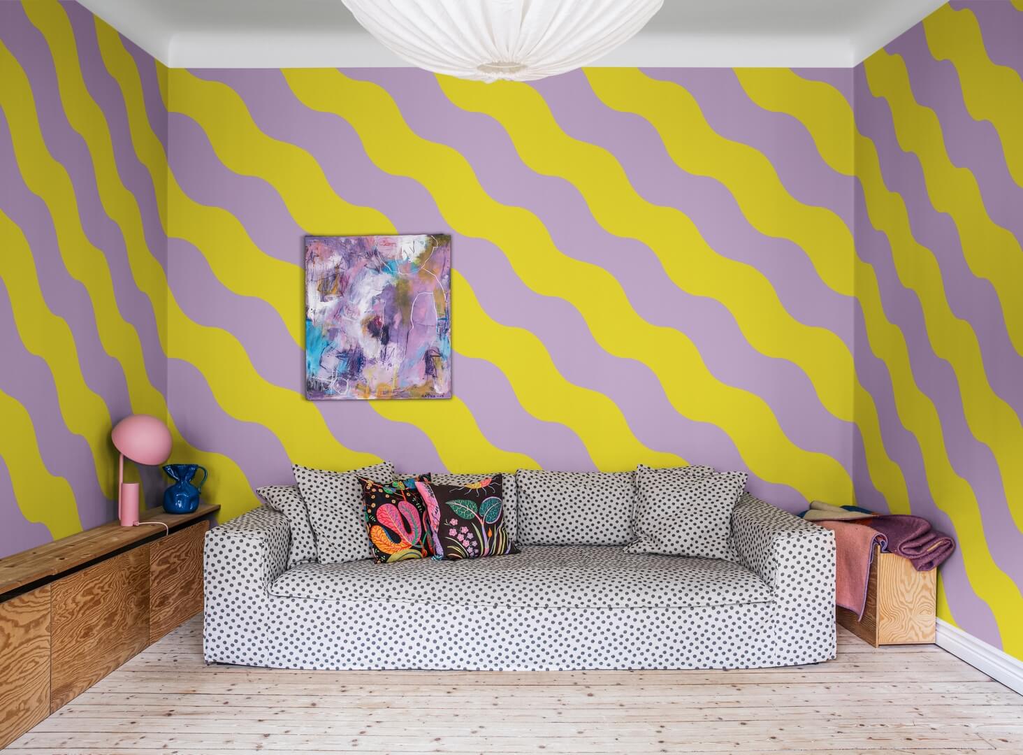 Fototapeta falujące paski Rebel Walls R20040 Polka Stripe Lilac Yellow Happy Socks
