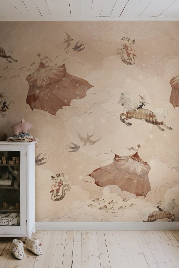 Fototapeta latający cyrk Rebel Walls R20293 Flying Circus Misty Pink Mrs Mighetto