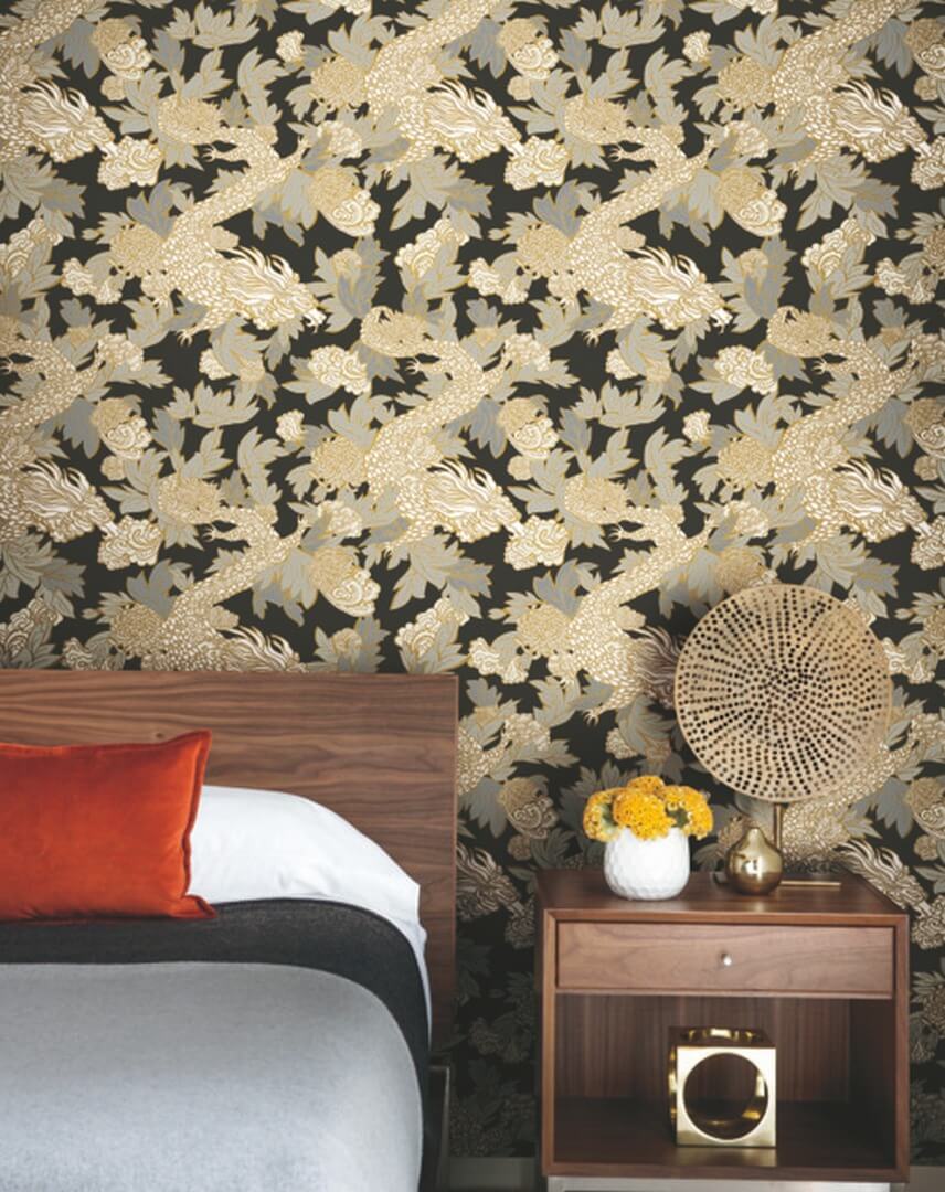 Tapeta chiński smok York Wallcoverings BW3801 Ming Dragon Black & White