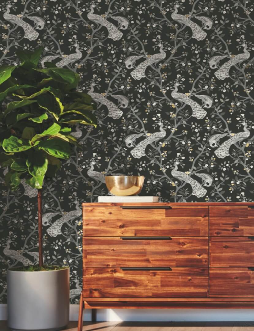 Tapeta botaniczna pawie York Wallcoverings BW3802 Plume Black & White
