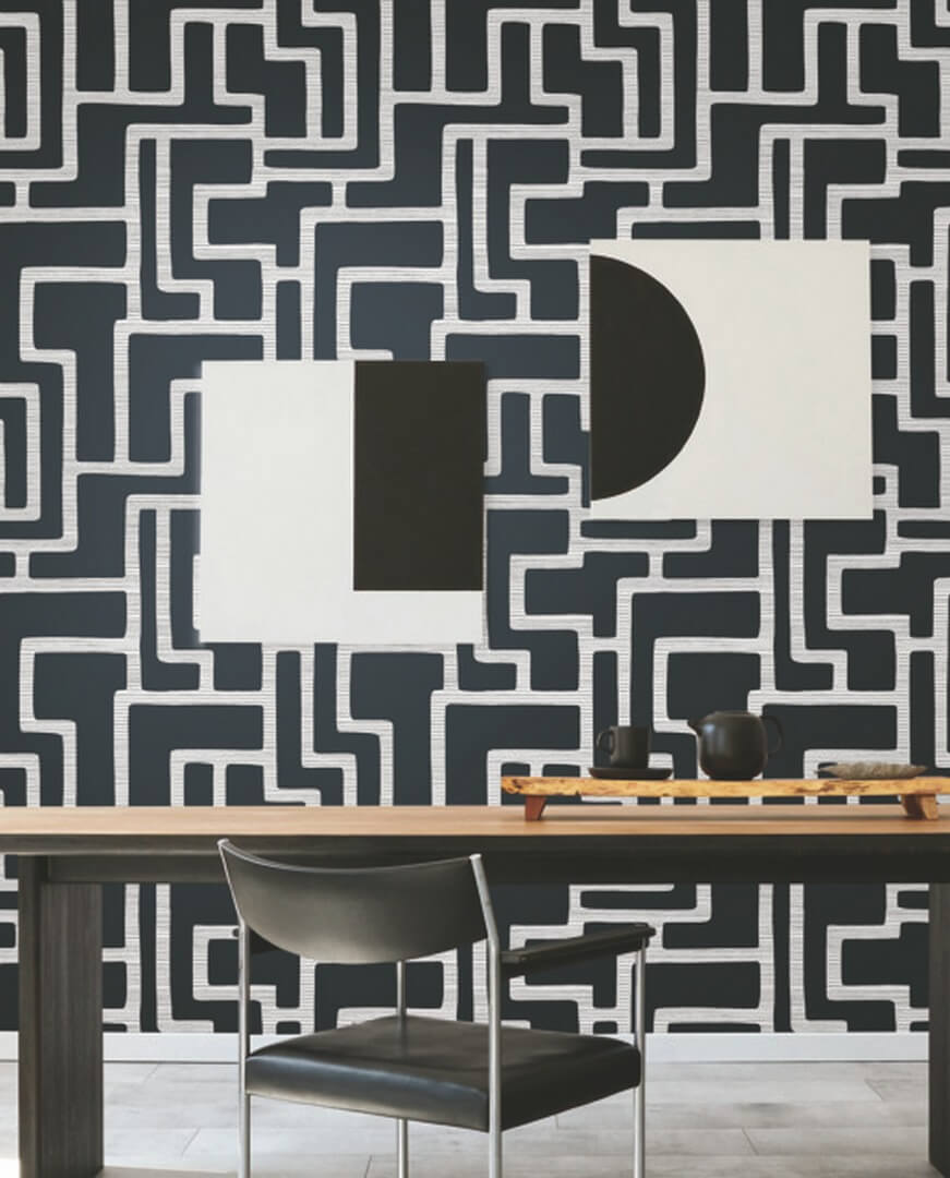 Tapeta labirynt York Wallcoverings BW3831 Graphic Polyomino Black & White