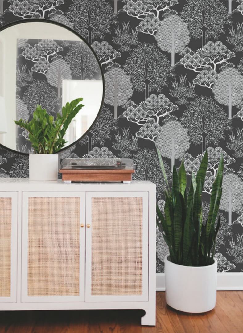 Tapeta azjatyckie drzewa York Wallcoverings BW3852 Kimono Trees Black & White