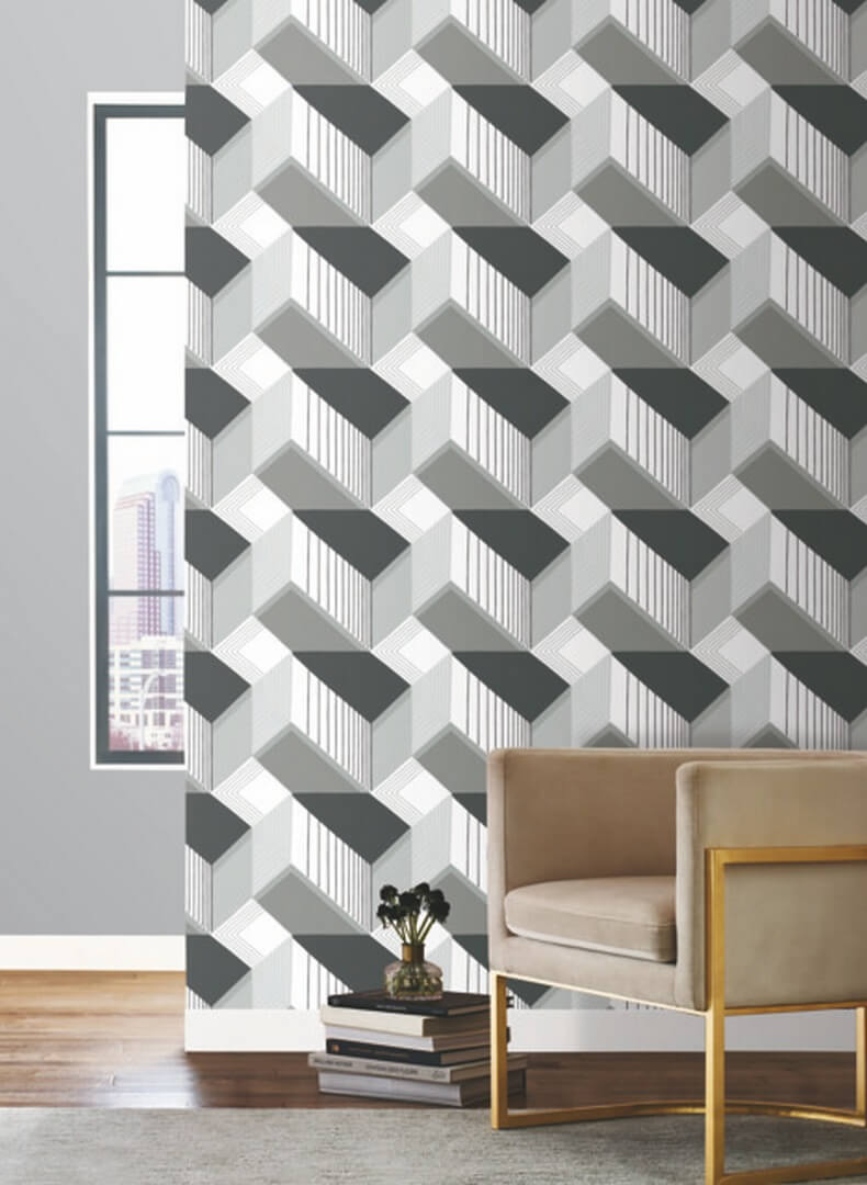 Tapeta geometryczna z efektem 3D York Wallcoverings BW3882 Graphic Geo Blocks Black & White