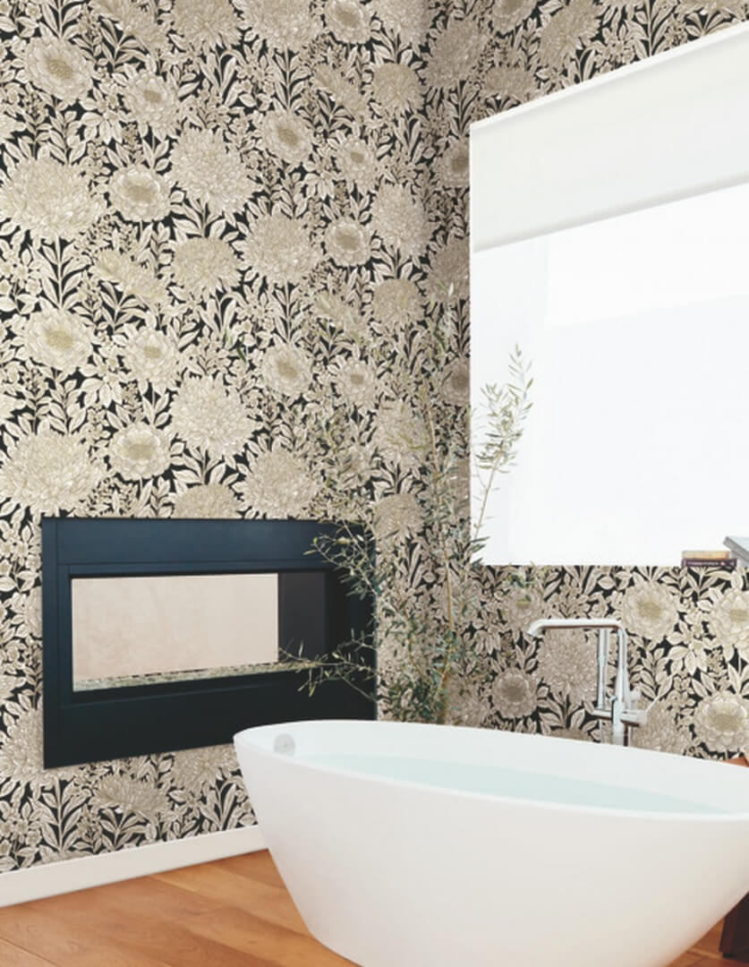 Tapeta florystyczna York Wallcoverings BW3923 Wood Block Blooms Black & White