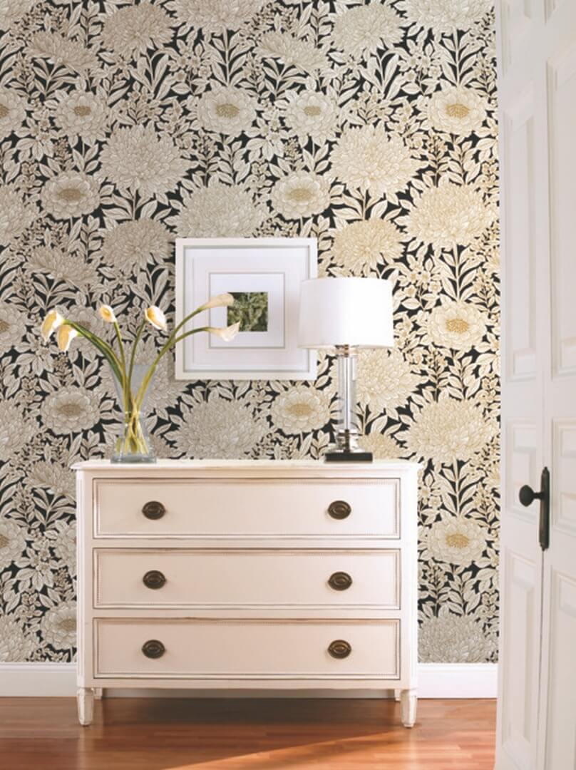Tapeta florystyczna York Wallcoverings BW3923 Wood Block Blooms Black & White