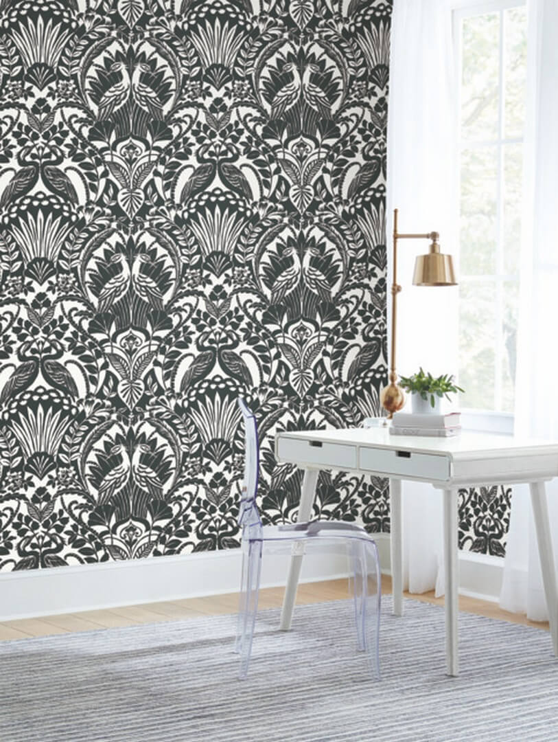 Tapeta botaniczna czaple York Wallcoverings BW3931 Egret Damask Black & White