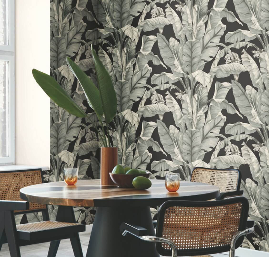 Tapeta liście bananowca York Wallcoverings BW3971 Banana Leaf Black & White