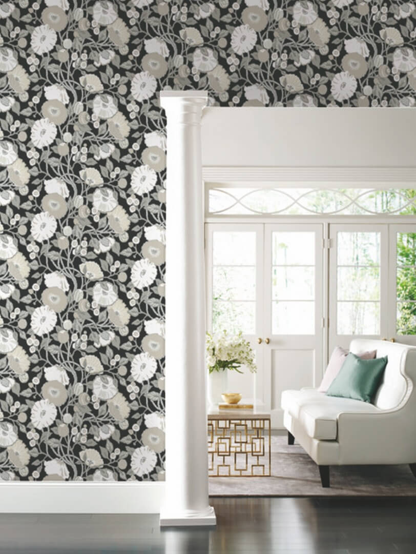 Tapeta artystyczne kwiaty York Wallcoverings BW3981 Vincent Poppies Black & White