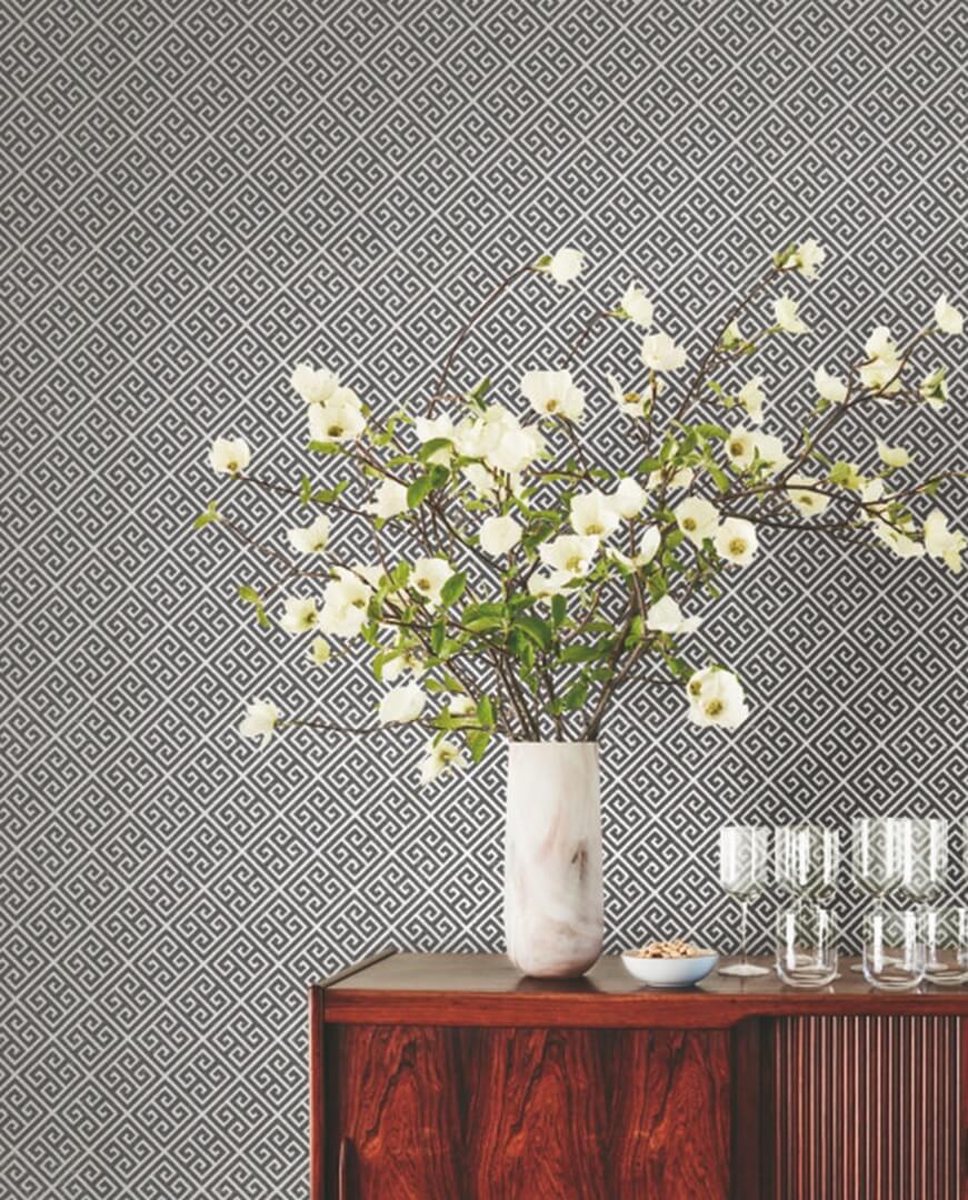 Tapeta naturalna greckie klucze York Wallcoverings BW3992 Grecian Geometric Black & White