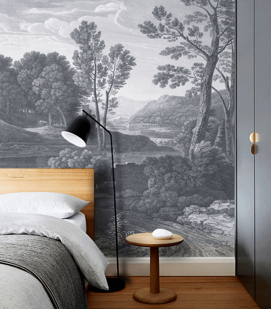Mural krajobraz starożytnej oazy Wallcolors Ancient Riverside Grove Blue 9005 Cozy Landscapes