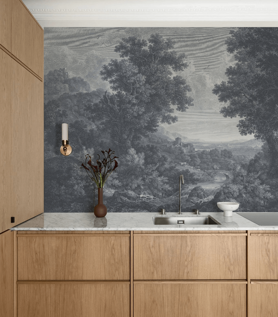 Mural krajobraz natury botanika i wzgórza Wallcolors Picturesque Valley Of Serenity Blue 9000 Cozy Landscapes