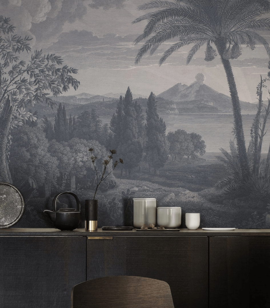 Mural pejzaż tropikalnego wulkanu Wallcolors Tropical Volcano Vista Blue 9003 Cozy Landscapes