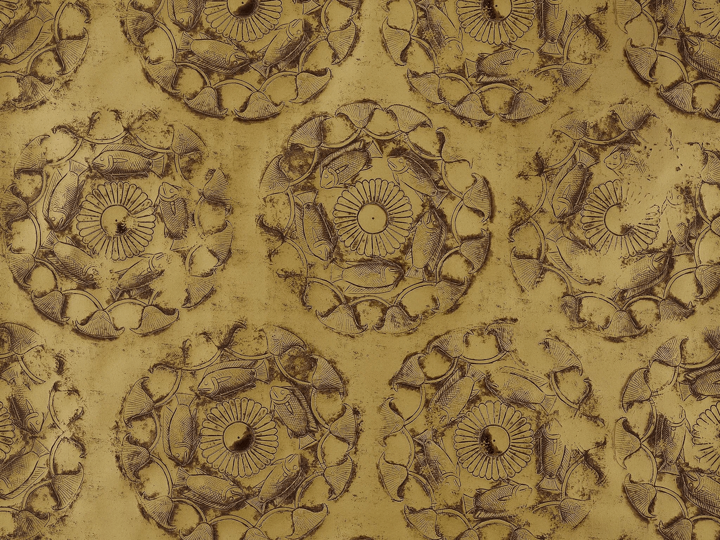 Tapeta ryby i kwiaty lotosu złota Pierre Frey FP897003 Djehouty Merveilles d'Egypte