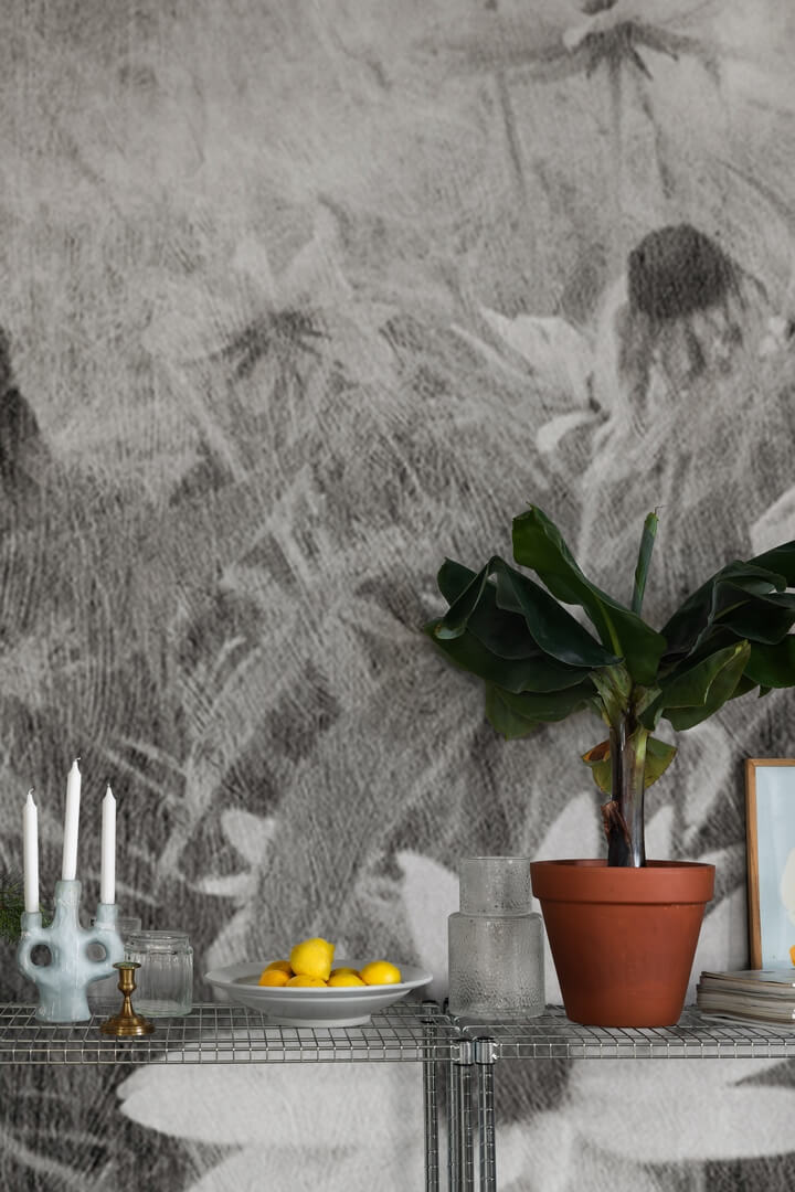 Fototapeta polne kwiaty w stylu vintage Rebel Walls R20175 Dreamy Rudbeckia Black White Mystic Shades