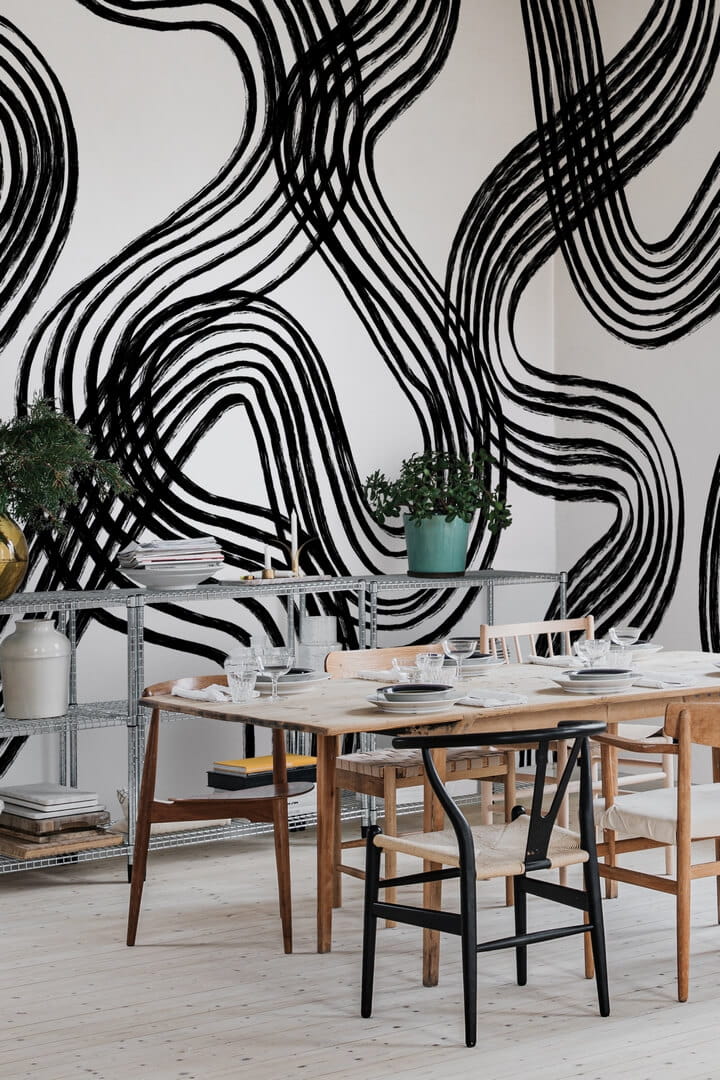 fototapeta artystyczne linie Rebel Walls R20195 Ink Stripes Black White Mystic Shades