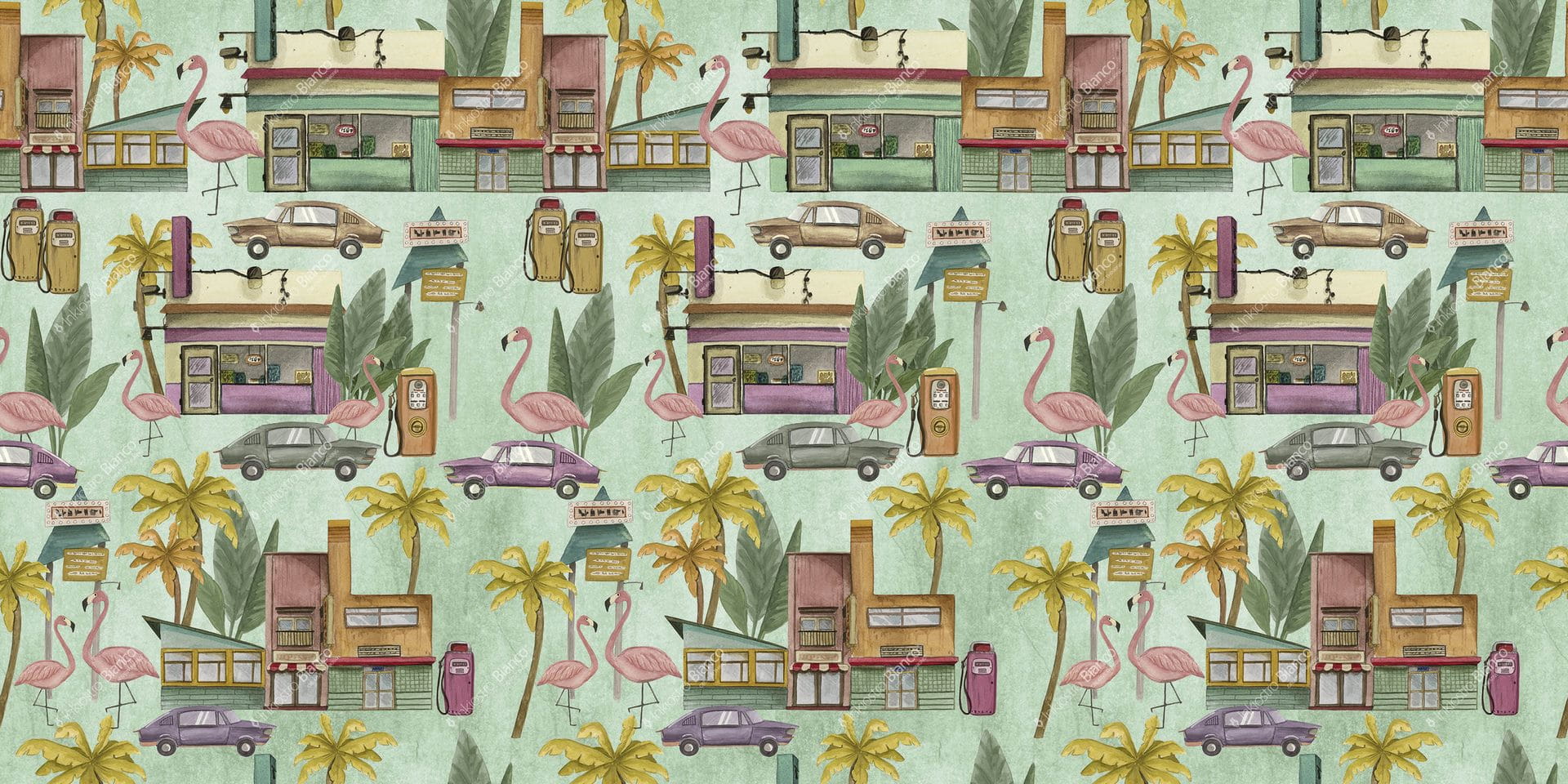 Fototapeta flamingi, palmy, samochody, sklepy Inkiostro Bianco SOUTH BEACH INKENIP1901 Natural Beauty