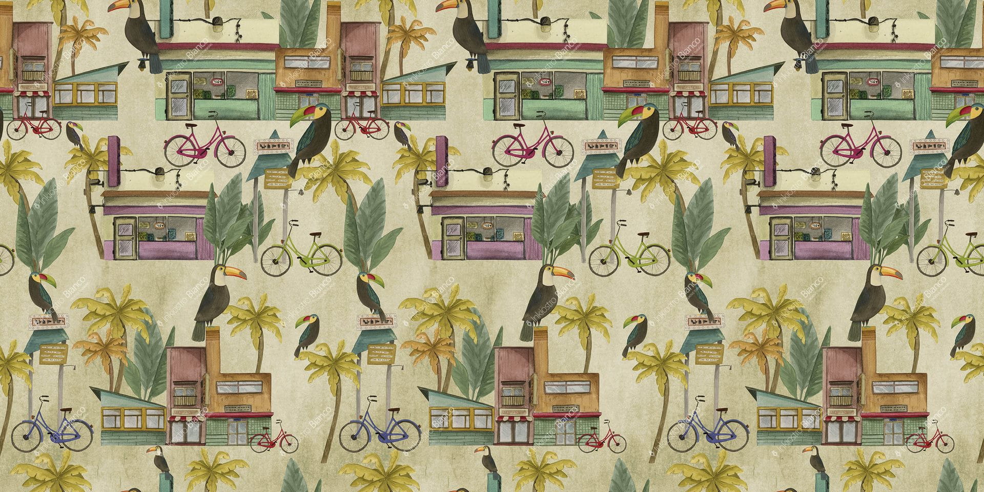 Fototapeta flamingi, palmy, samochody, sklepy Inkiostro Bianco SOUTH BEACH INKENIP1902 Natural Beauty