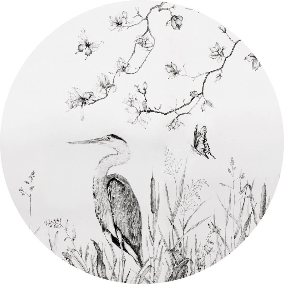Mural okrągły botaniczny z czaplą Wall Art Heron Koło