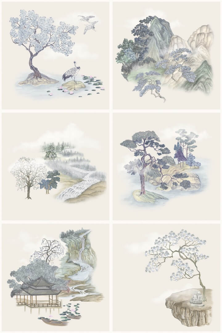 Tapeta sceny japońskiego ogrodu Cole & Son Tile Toile 126/10036 Shinrin Yoku