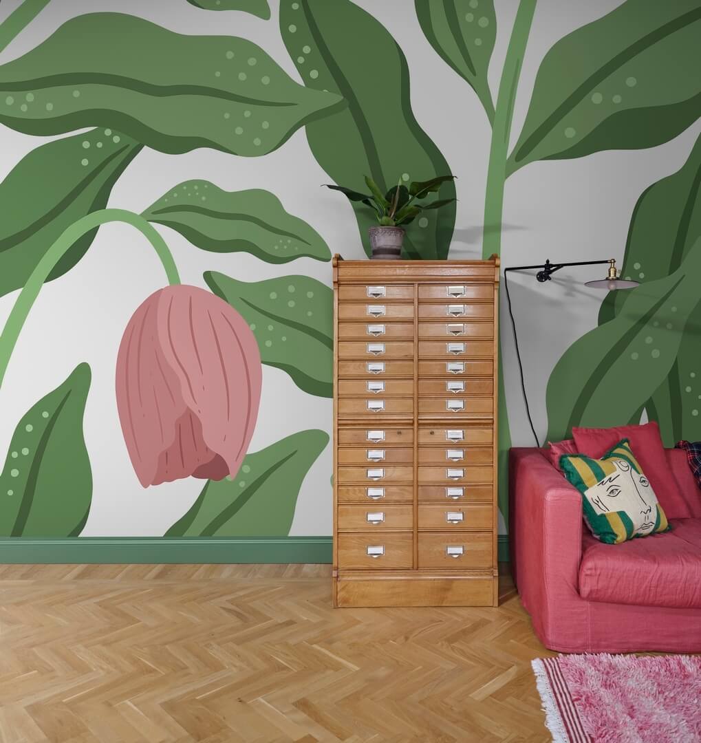 Fototapeta okazałe liście i kwiaty Rebel Walls R19962 Cool Flora White Pink Family Fun